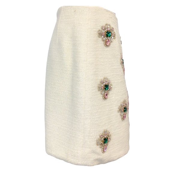 CAROLINA HERRERA IVORY MULTI JEWEL EMBELLISHED BOUCLE SKIRT - Picture 2 of 3